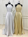 A-line Gold/silver Satin Beaded Halter Long Evening Prom Dresses, Cheap Custom prom dresses, MR7935