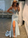 Dusty Blue Satin V-neck Sparkly Long Mermaid Evening Prom Dresses, Cheap Custom Prom Dresses, MR7942