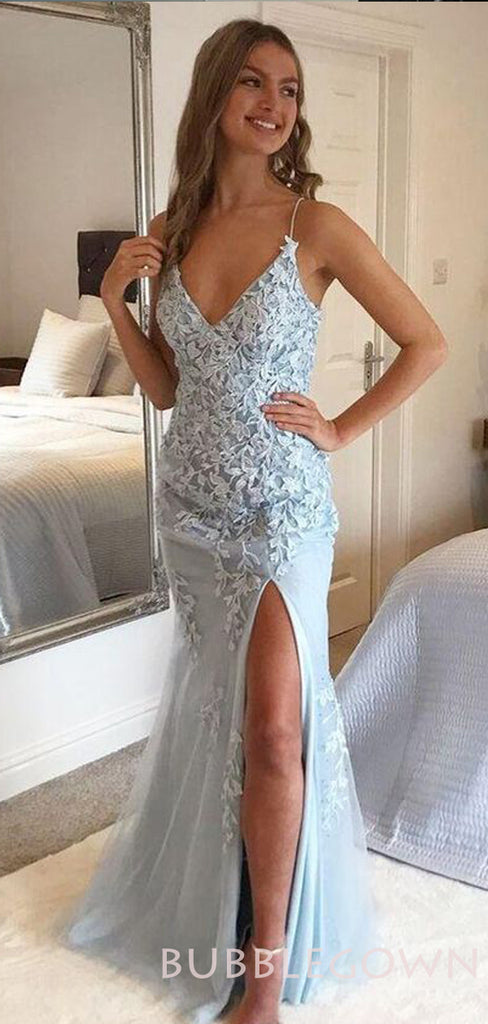 Sexy V-neck Dusty Blue Tulle Appliques Mermaid Long Evening Prom Dresses, MR7943