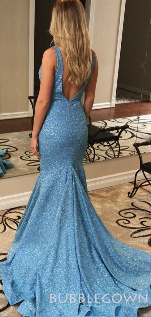Sexy Deep V-neck Dusty Blue Sparkly Long Mermaid Evening Prom Dresses, MR7946