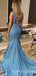 Sexy Deep V-neck Dusty Blue Sparkly Long Mermaid Evening Prom Dresses, MR7946