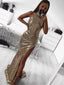 Gold Sequin Mermaid Halter Long Evening Prom Dresses, Cheap Custom Prom Dresses, MR7950