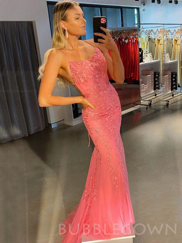 Mermaid Coral Tulle Appliques Long Evening Prom Dresses, MR7953