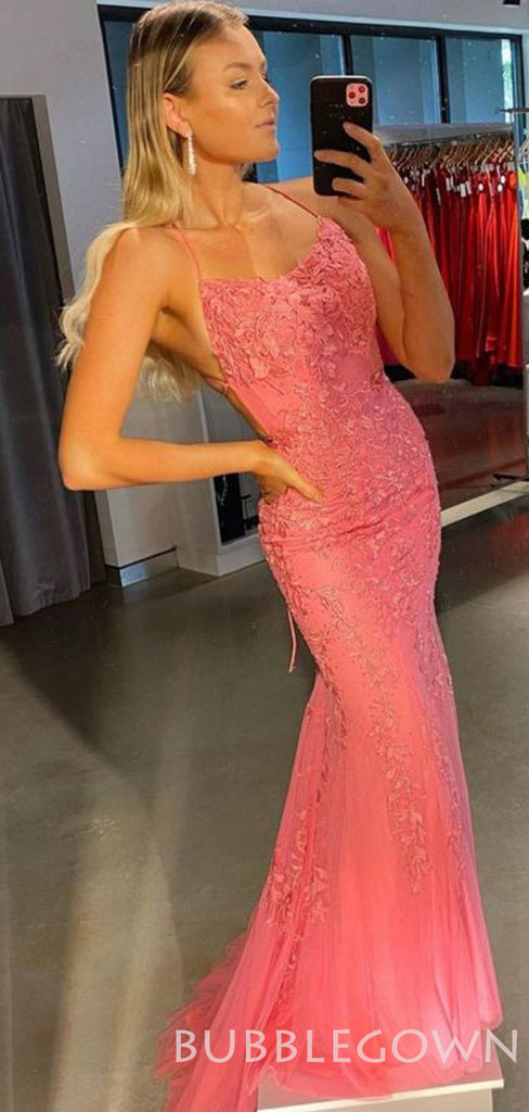 Mermaid Coral Tulle Appliques Long Evening Prom Dresses, MR7953