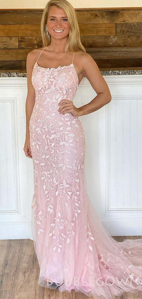 Pink Tulle Appliques Mermaid Lace Long Evening Prom Dresses, MR7957