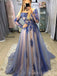 Off Shoulder A-line Blue Tulle Appliques Long Evening Prom Dresses, Cheap Custom Prom Dresses, MR7960