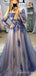 Off Shoulder A-line Blue Tulle Appliques Long Evening Prom Dresses, Cheap Custom Prom Dresses, MR7960