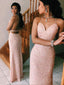 Pink Sequin Mermaid Spaghetti Straps Long Evening Prom Dresses, Cheap Custom Prom Dresses, MR7962