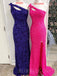 Purple/Hot Pink Sequin One Shoulder Long Mermaid Long Evening Prom Dresses, Cheap Custom Prom Dresses, MR7972
