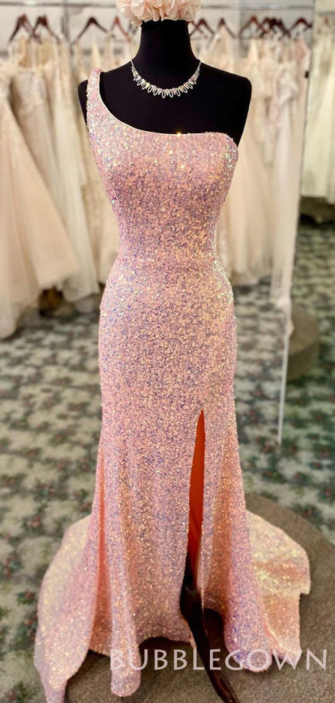 Pink Sequin One Shoulder Long Mermaid Evening Prom Dresses, Cheap Custom Prom Dresses, MR7981
