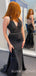 Deep V-neck Black Satin Beaded Sparkly Long Mermaid Evening Prom Dresses, Cheap Custom Prom Dresses, MR7982