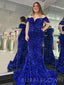 Off Shoulder Royal Blue Sequin Mermaid Long Sweet heart Evening Prom Dresses, Cheap Custom Prom Dresses, MR7983