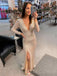 Long Sleeves Deep V-neck Champagne Sequin Mermaid Long Evening Prom Dresses, Cheap Custom Prom Dresses, MR7984