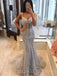 Mermaid Grey Tulle Appliques Spaghetti Straps Lace Long Evening Prom Dresses, MR7996
