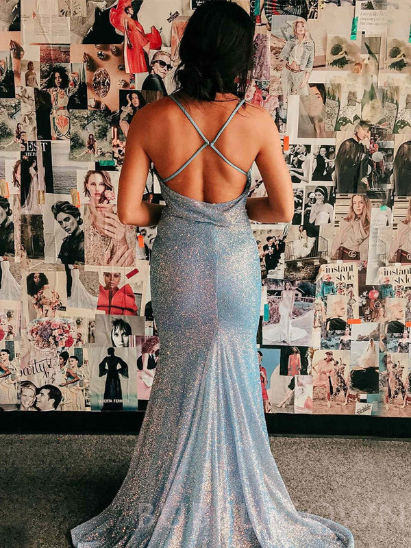 Blue Sequin Sparkly Mermaid Spaghetti Straps Long Evening Prom Dresses, MR8005