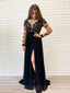 Sexy See Through Lace Long Sleeves Black Chiffon Long Prom Dresses, MR8013