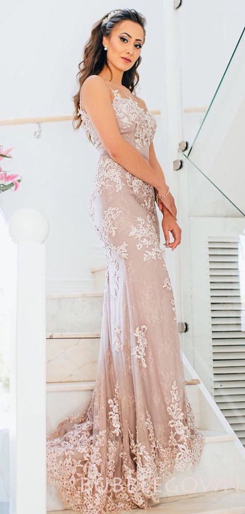 Mermaid Dusty Pink Tulle Appliques Spaghetti Straps Lace Long Evening Prom Dresses, MR8014