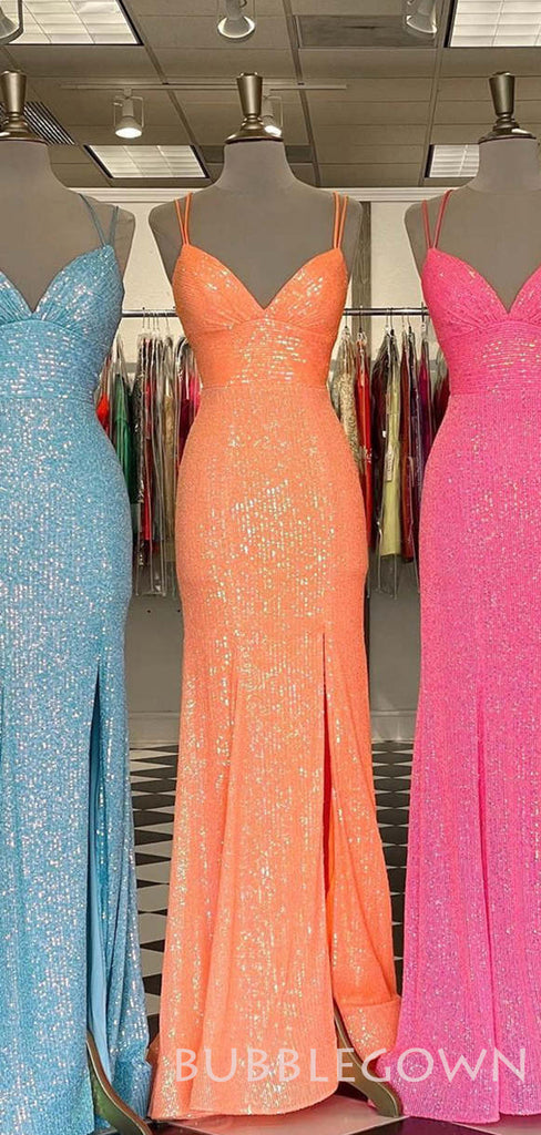 Mermaid Spaghetti Straps Sequin Long Sparkly Evening Prom Dresses, MR8025