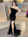 Black Velvet One Shoulder Mermaid Long Evening Prom Dresses, MR8027
