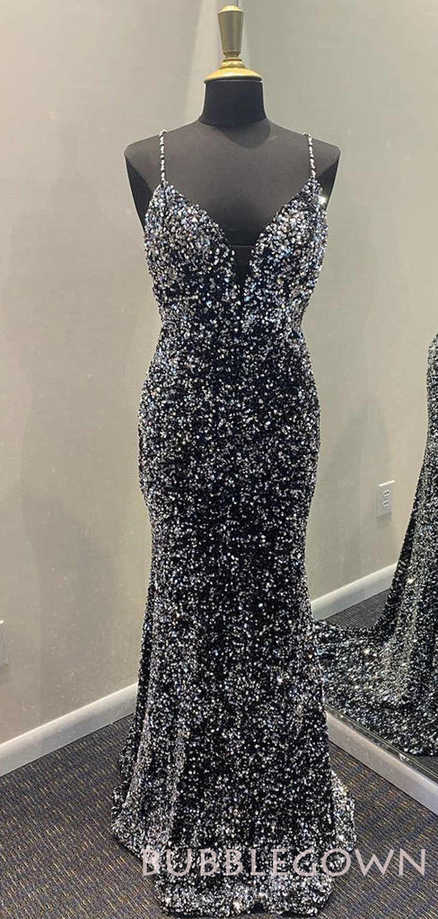 Black Sequin Sparkly Mermaid Spaghetti Straps Long Evening Prom Dresses, MR8028