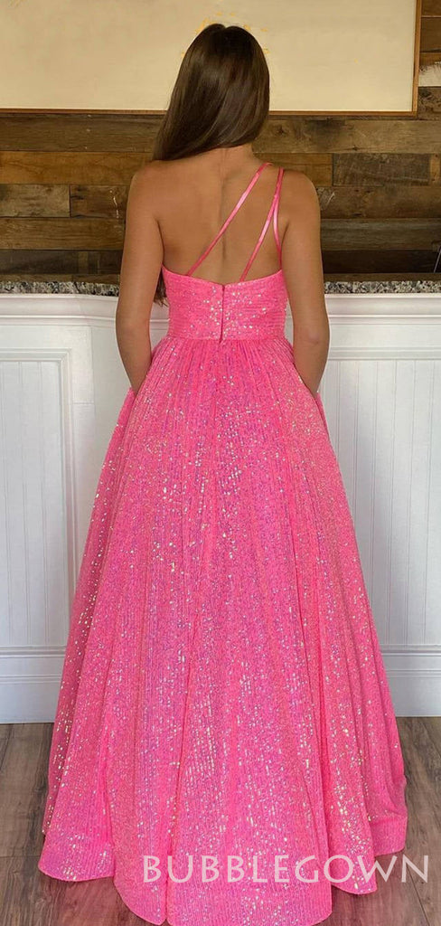 One Shoulder Hot Pink Sequin Sparkly A-line Long Evening Prom Dresses, MR8030