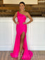 One Shoulder Hot Pink Satin Mermaid Long Evening Prom Dresses, Cheap Custom Prom Dresses, MR8031