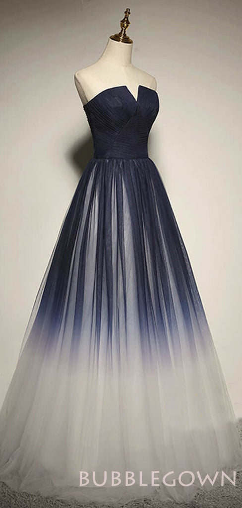 Navy Blue Tulle A-line Strapless Long Evening Prom Dresses, Cheap Custom Prom Dress, MR8039