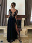 Sexy Deep V-neck Black Chiffon See Through Appliques Long Prom Dresses, Long Sleeves Prom Dress, MR8046