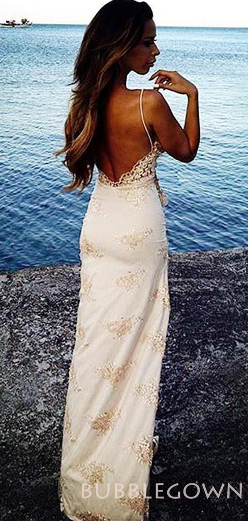 Champagne Tulle Appliques Spaghetti Straps Lace Long Evening Prom Dresses, MR8047