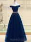 Off Shoulder Navy Blue Tulle Beaded Long Evening Prom Dresses, Cheap Custom Prom Dress, MR8050