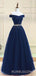 Off Shoulder Navy Blue Tulle Beaded Long Evening Prom Dresses, Cheap Custom Prom Dress, MR8050