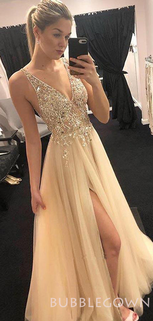 See Through V-neck Yellow Tulle Beaded Long Evening Prom Dresses, MR8055