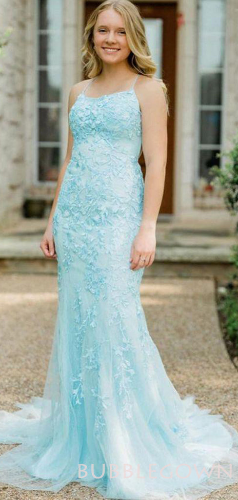 Blue Tulle Appliques Spaghetti Straps Lace Long Mermaid Evening Prom Dresses, MR8063