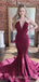 Burgundy Satin Mermaid Strapless V-neck Long Evening Prom Dresses, Cheap Custom prom dresses, MR8064