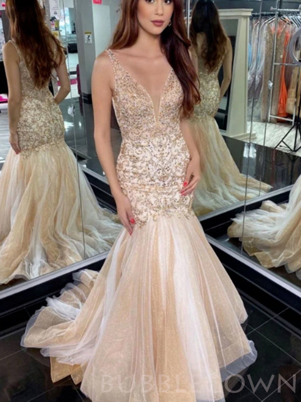 Champagne Gold Tulle Beaded Sparkly Long Mermaid Evening Prom Dresses, MR8067