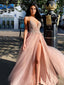 Sexy Deep V-neck Dusty Pink Tulle Beaded A-line Long Evening Prom Dresses, MR8068