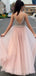 Sexy Deep V-neck Dusty Pink Tulle Beaded A-line Long Evening Prom Dresses, MR8068