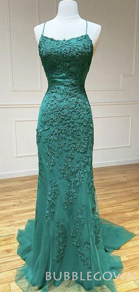 Dusty Blue Tulle Mermaid Spaghetti Straps Appliques Long Evening Prom Dresses, MR8077