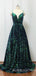 A-line Green Sequin Spaghetti Straps Long Evening Prom Dresses, MR8088
