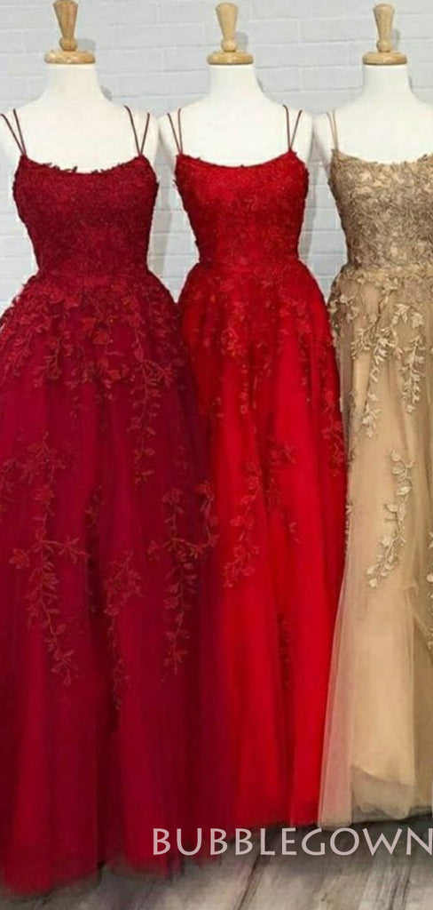 A-line Pink Tulle Appliques Spaghetti Straps Long Evening Prom Dresses, MR8092
