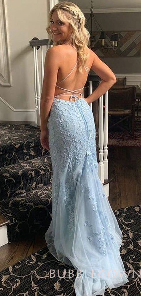 Blue Tulle Appliques Spaghetti Straps Long Mermaid Evening Prom Dresses, MR8093