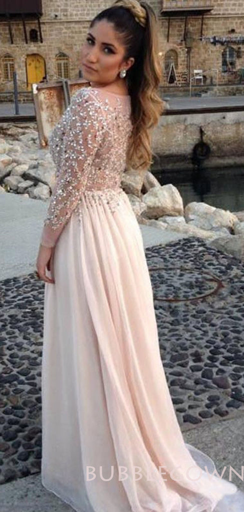 Sexy See Throuth Long Sleeves Chiffon Long Beaded Evening Prom Dresses, MR8100