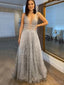 Grey Sequin Sparkly A-line V-neck Long Evening Prom Dresses, MR8109