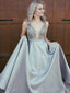 Deep V-neck Grey Satin Beaded Long A-line Evening Prom Dresses, MR8112