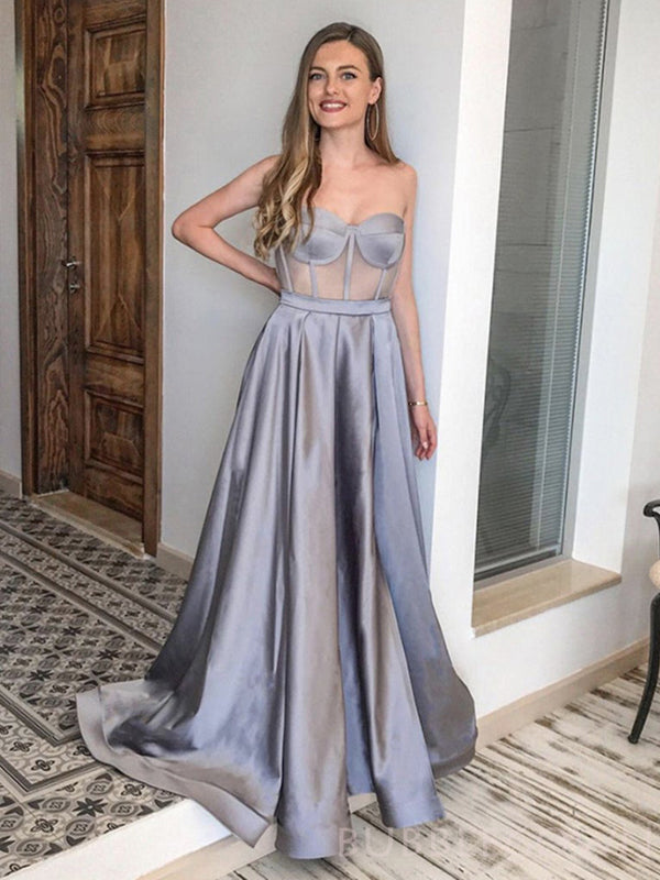 See Through Grey Satin Strapless Long A-line Evening Prom Dresses, MR8120
