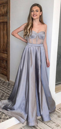 See Through Grey Satin Strapless Long A-line Evening Prom Dresses, MR8120