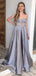 See Through Grey Satin Strapless Long A-line Evening Prom Dresses, MR8120