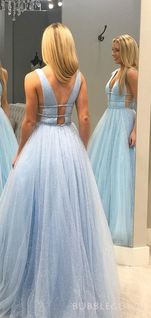 Deep V-neck Sky Blue Sequin Sparkly Long A-line Evening Prom Dresses, MR8121