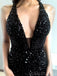 Black Tulle Beaded Deep V-neck Long Mermaif Evening Prom Dresses, MR8139
