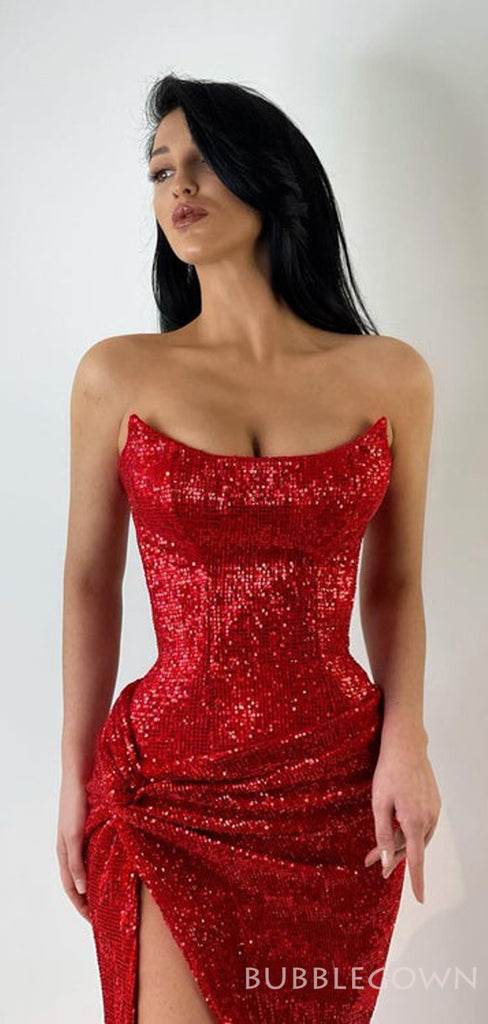 Red Sequin Strapless High Slit Long Mermaid Evening Prom Dresses, Cheap Custom Prom Dresses, MR8145